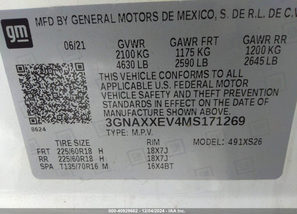 2021 CHEVROLET EQUINOX AWD PREMIER VIN: 3GNAXXEV4MS171269