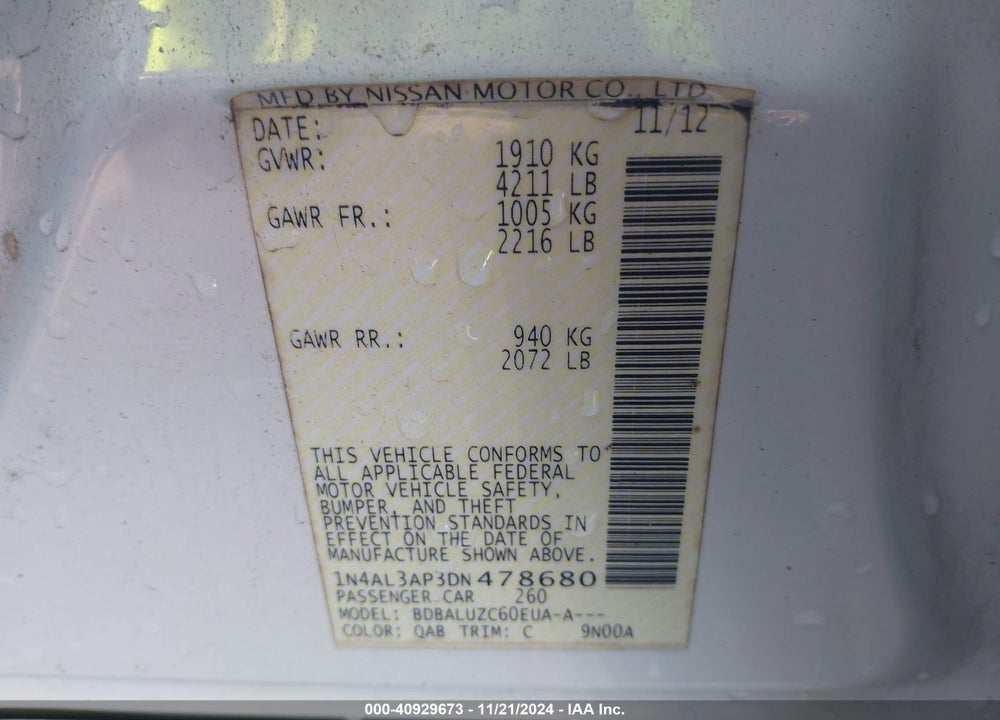 2013 NISSAN ALTIMA VIN: 1N4AL3AP3DN478680