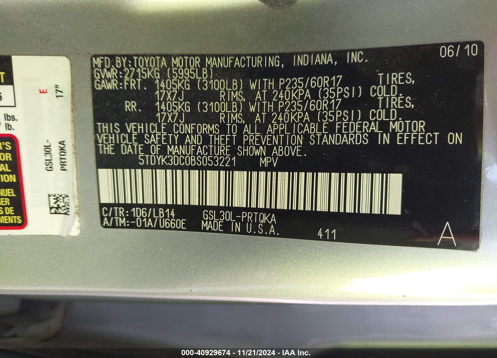 2011 TOYOTA SIENNA XLE LIMITED VIN: 5TDYK3DC0BS053221