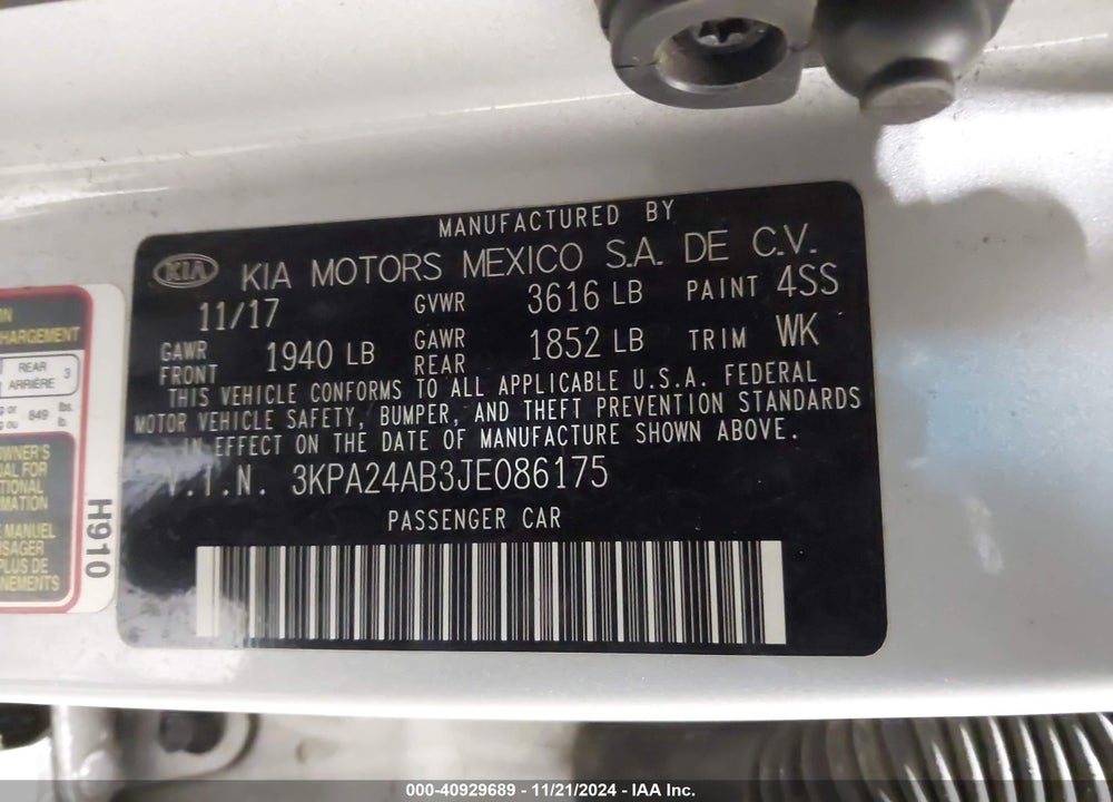 2018 KIA RIO S VIN: 3KPA24AB3JE086175