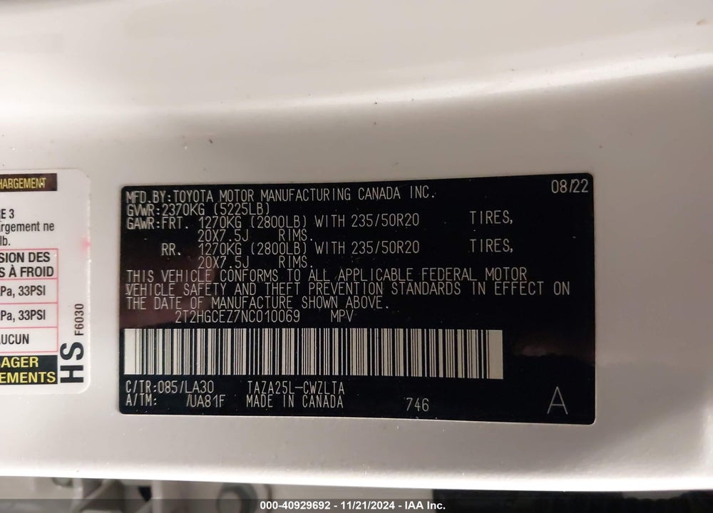 2022 LEXUS NX 350 LUXURY VIN: 2T2HGCEZ7NC010069
