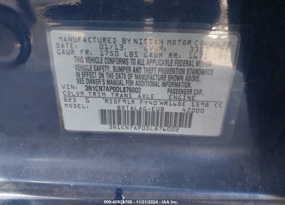 2013 NISSAN VERSA 1.6 S+ VIN: 3N1CN7AP0DL876002
