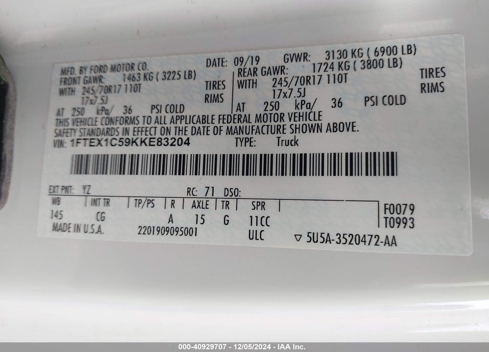 2019 FORD F-150 XL VIN: 1FTEX1C59KKE83204