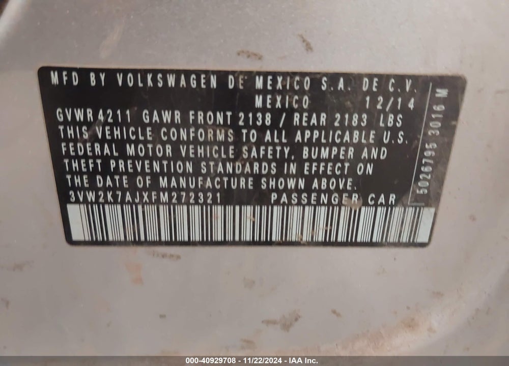 2015 VOLKSWAGEN JETTA VIN: 3VW2K7AJXFM272321