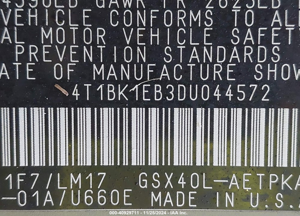 2013 TOYOTA AVALON LIMITED VIN: 4T1BK1EB3DU044572