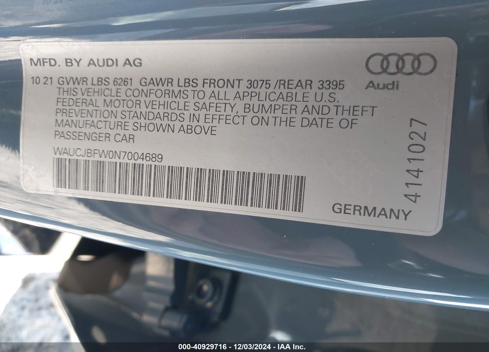 2022 AUDI E-TRON GT PREMIUM PLUS QUATTRO VIN: WAUCJBFW0N7004689