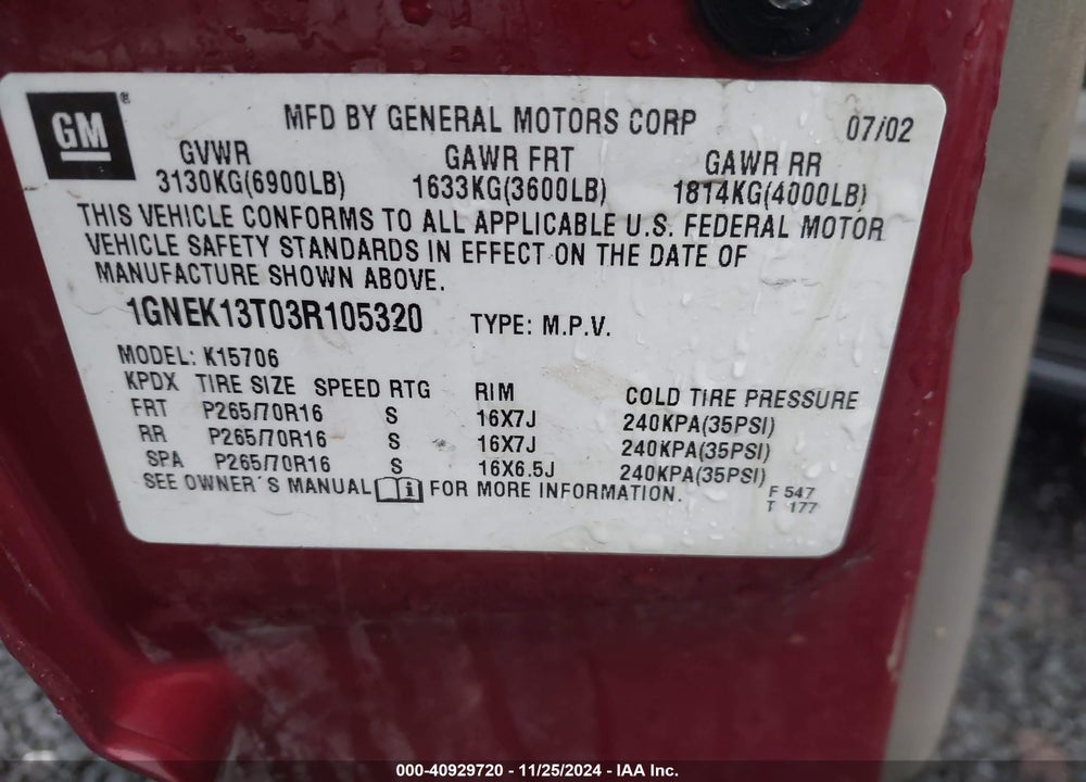 2003 CHEVROLET TAHOE LT VIN: 1GNEK13T03R105320