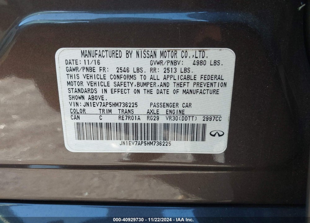 2017 INFINITI Q50 3.0T PREMIUM VIN: JN1EV7AP5HM736225