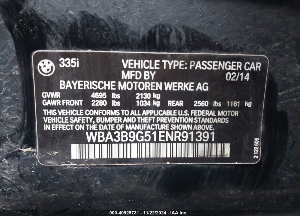 2014 BMW 335I XDRIVE VIN: WBA3B9G51ENR91391
