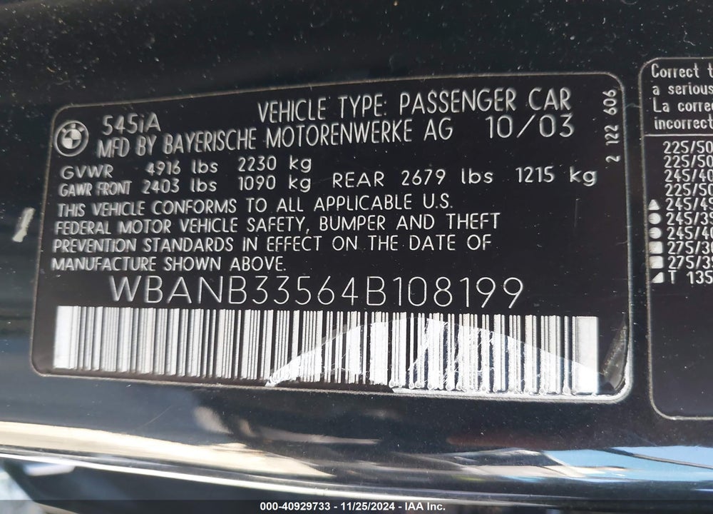 2004 BMW 545I VIN: WBANB33564B108199