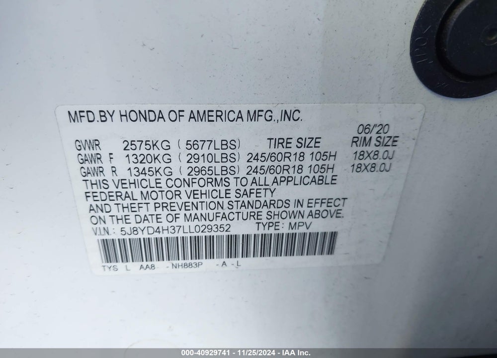 2020 ACURA MDX STANDARD VIN: 5J8YD4H37LL029352