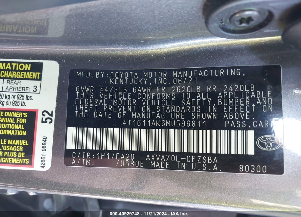 2021 TOYOTA CAMRY VIN: 4T1G11AK6MU596811