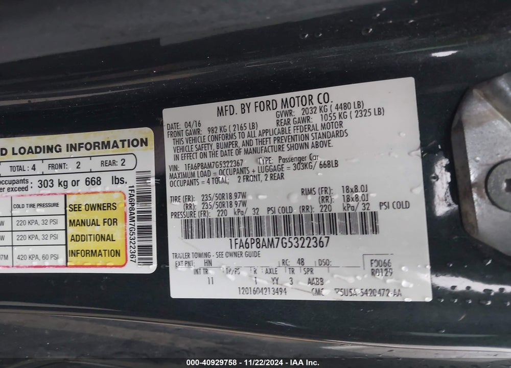2016 FORD MUSTANG V6 VIN: 1FA6P8AM7G5322367