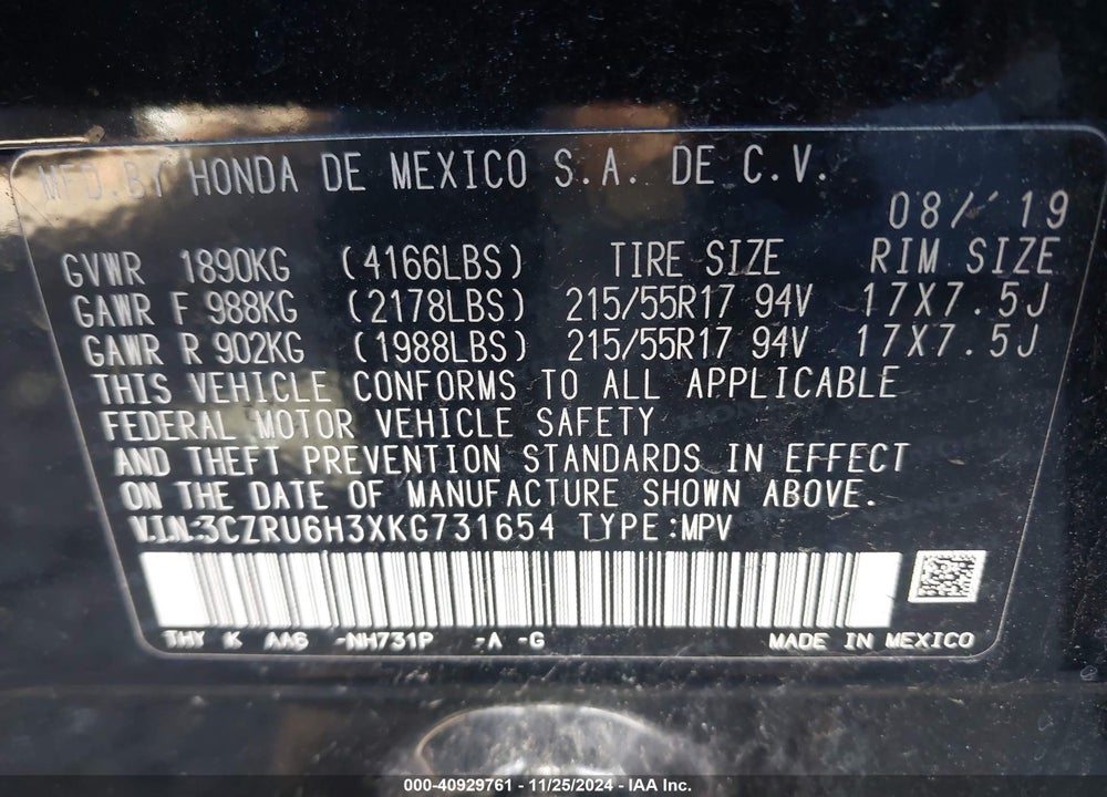 2019 HONDA HR-V LX VIN: 3CZRU6H3XKG731654