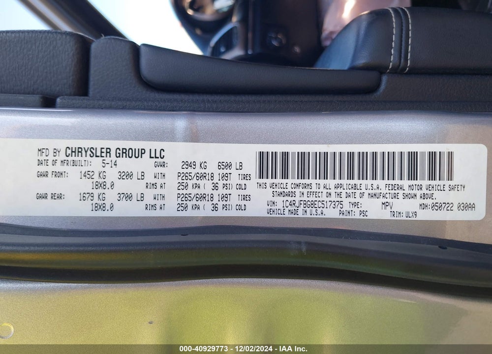 2014 JEEP GRAND CHEROKEE LIMITED VIN: 1C4RJFBG8EC517375