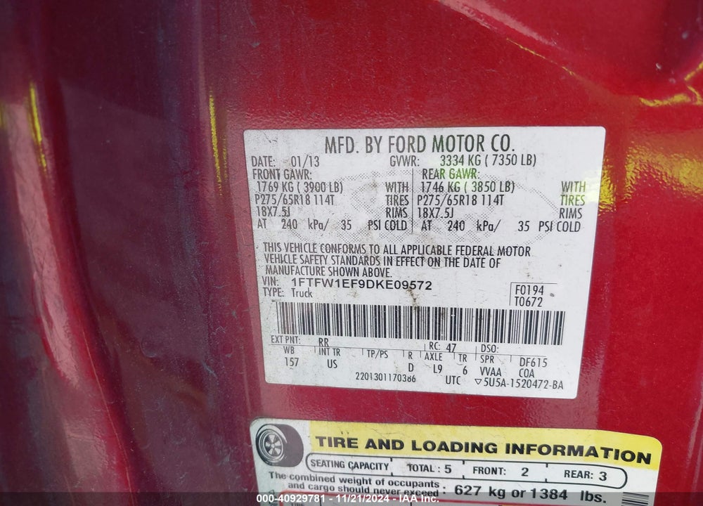 2013 FORD F-150 XLT VIN: 1FTFW1EF9DKE09572