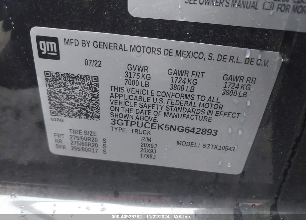 2022 GMC SIERRA 1500 4WD SHORT BOX ELEVATION WITH 3SB VIN: 3GTPUCEK5NG642893