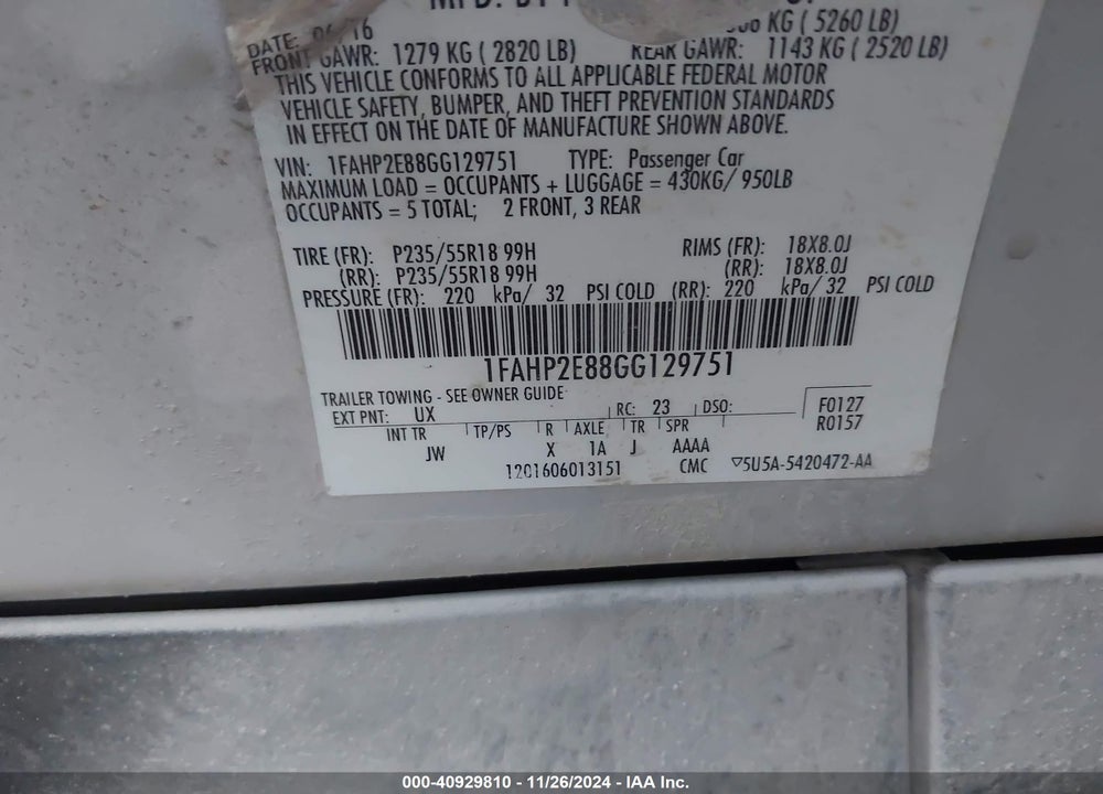2016 FORD TAURUS VIN: 1FAHP2E88GG129751