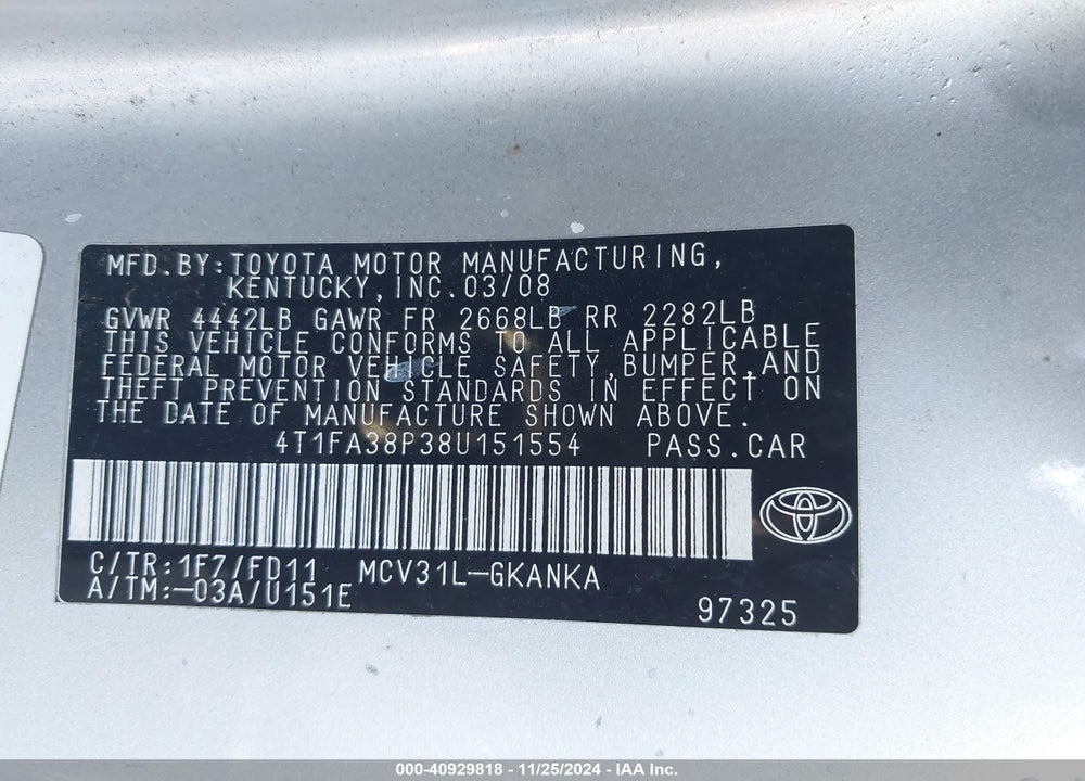2008 TOYOTA CAMRY SOLARA SPORT VIN: 4T1FA38P38U151554