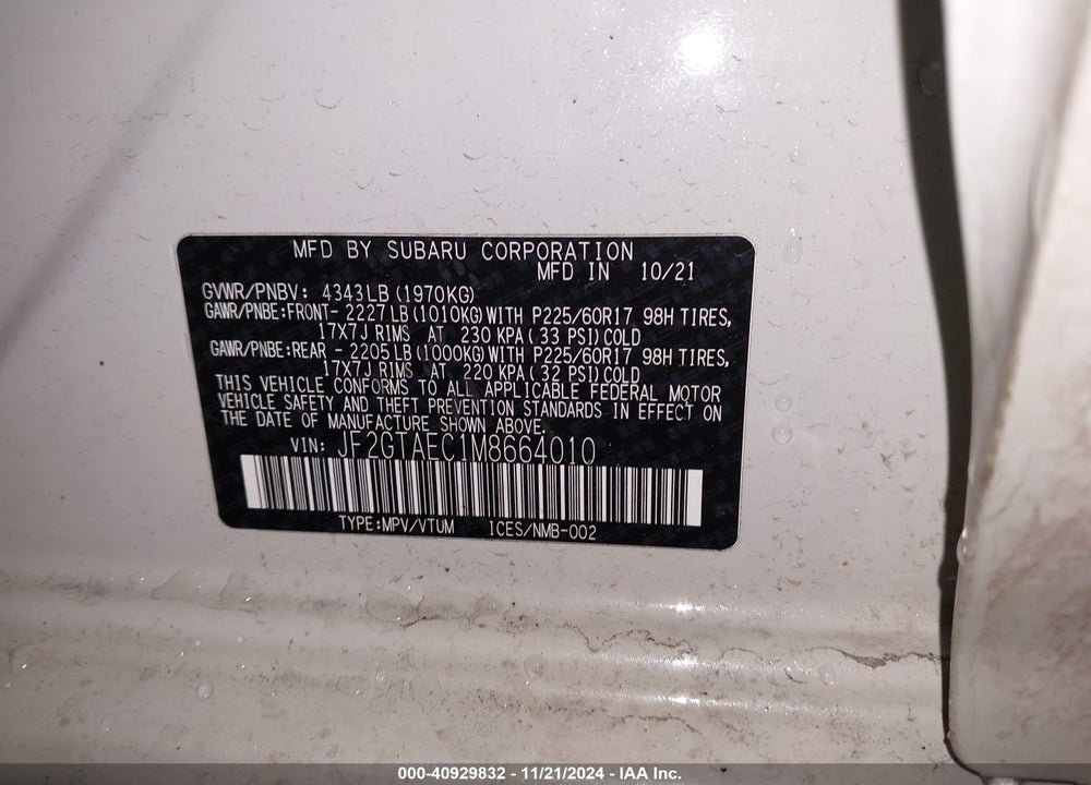 2021 SUBARU CROSSTREK PREMIUM VIN: JF2GTAEC1M8664010