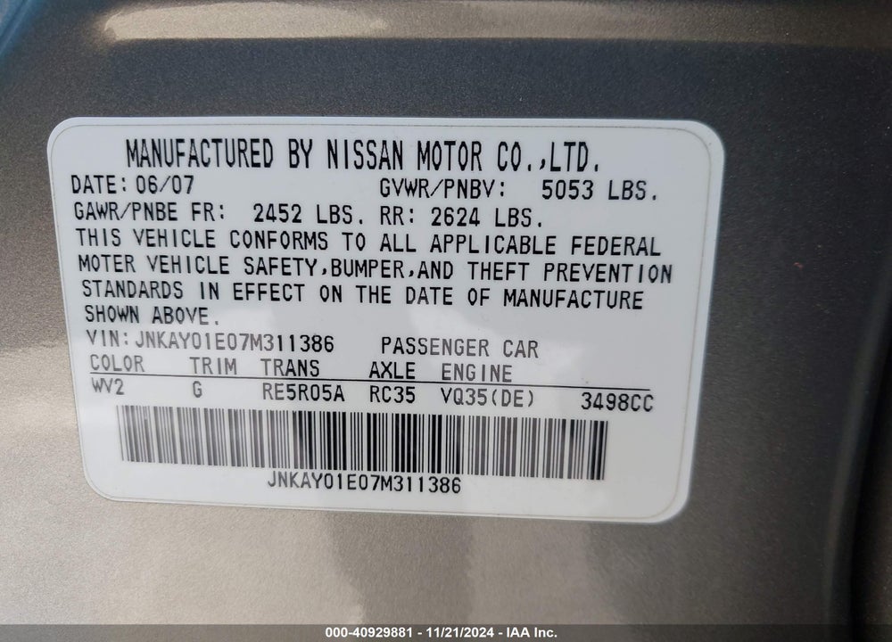 2007 INFINITI M35 SPORT VIN: JNKAY01E07M311386