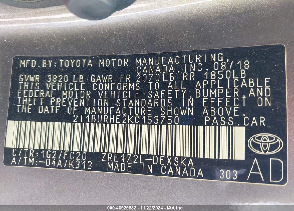 2019 TOYOTA COROLLA SE VIN: 2T1BURHE2KC153750