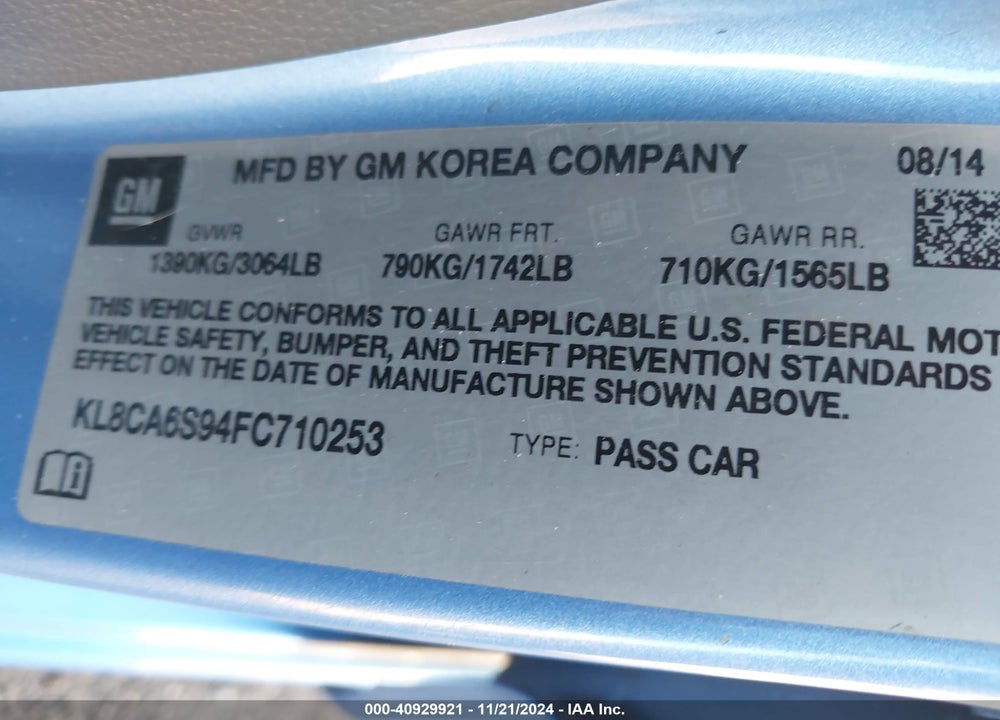 2015 CHEVROLET SPARK LS MANUAL VIN: KL8CA6S94FC710253