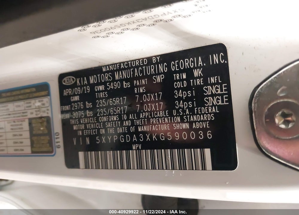 2019 KIA SORENTO 2.4L LX VIN: 5XYPGDA3XKG590036