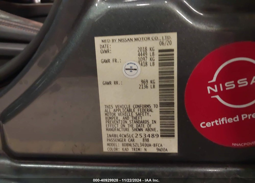 2020 NISSAN ALTIMA VIN: 1N4BL4CW5LC253489