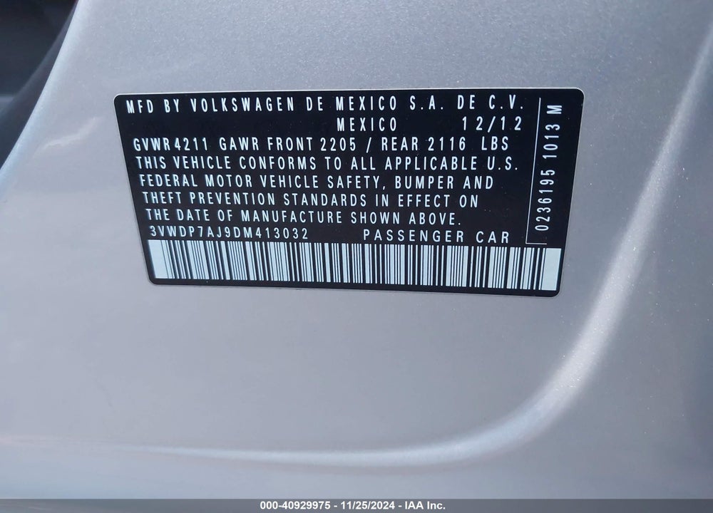 2013 VOLKSWAGEN JETTA 2.5L SE VIN: 3VWDP7AJ9DM413032