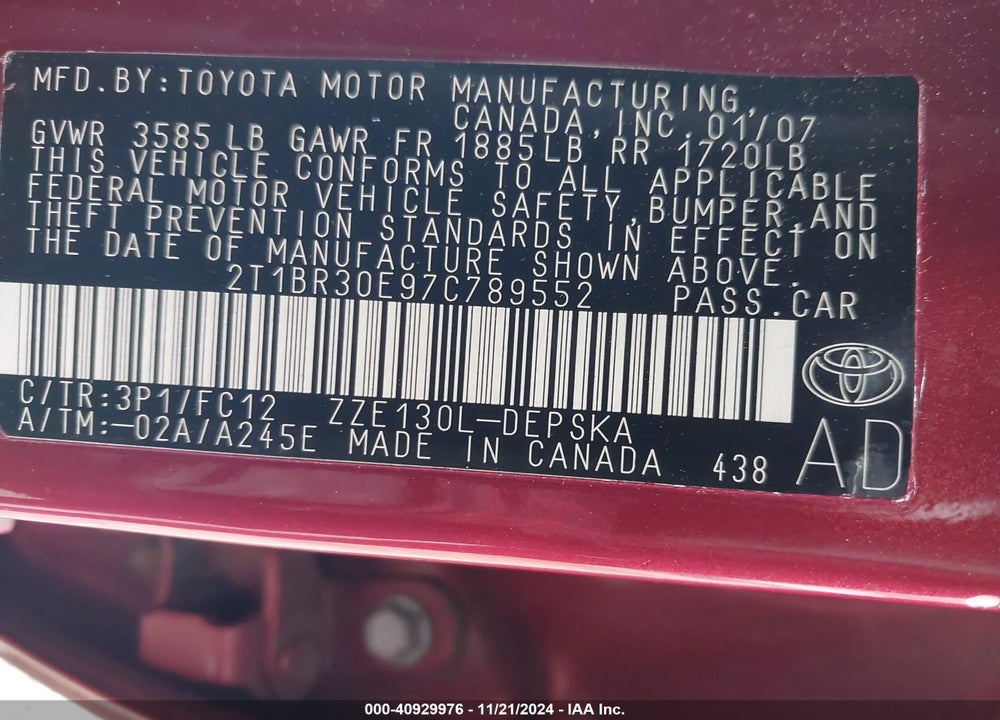 2007 TOYOTA COROLLA S VIN: 2T1BR30E97C789552
