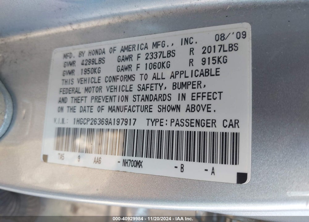 2009 HONDA ACCORD 2.4 LX VIN: 1HGCP26369A197917