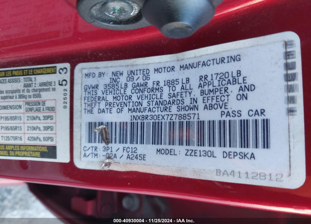 2007 TOYOTA COROLLA S VIN: 1NXBR30EX7Z788571