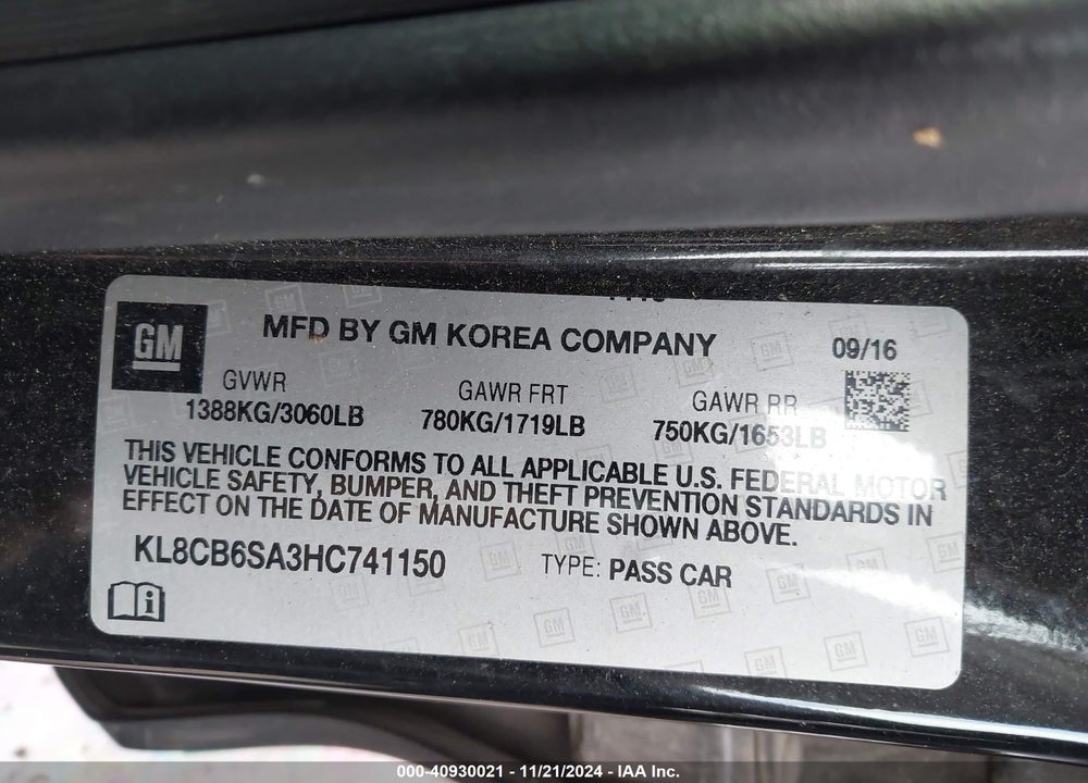 2017 CHEVROLET SPARK VIN: KL8CB6SA3HC741150