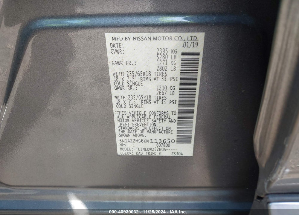 2019 NISSAN MURANO SV VIN: 5N1AZ2MS6KN113650