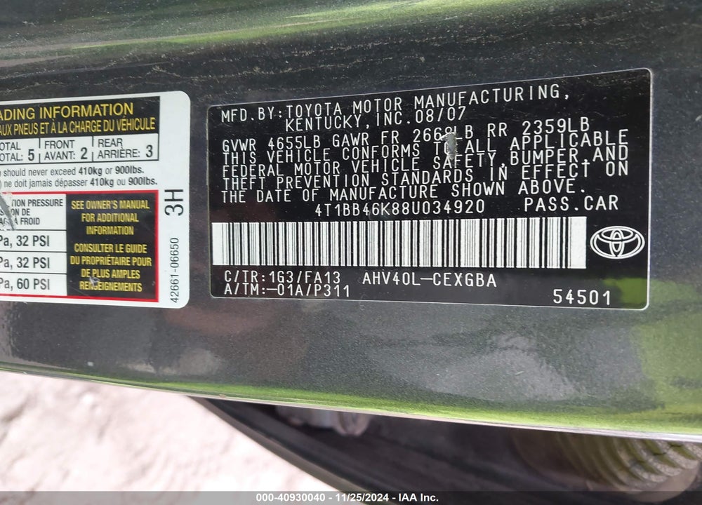 2008 TOYOTA CAMRY HYBRID VIN: 4T1BB46K88U034920