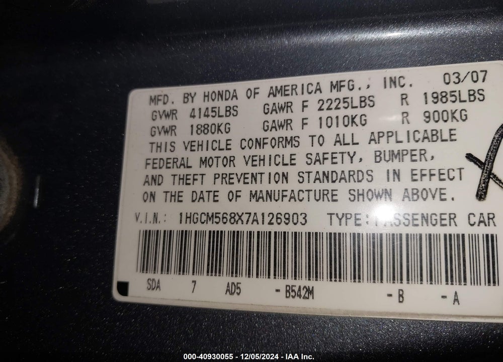 2007 HONDA ACCORD 2.4 EX VIN: 1HGCM568X7A126903