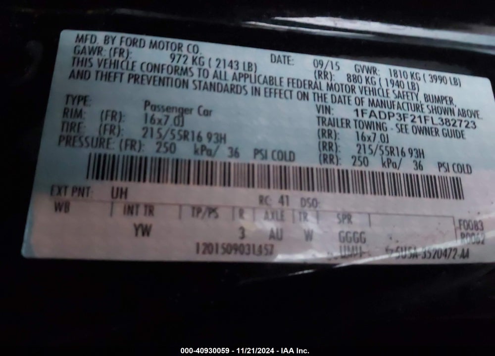 2015 FORD FOCUS SE VIN: 1FADP3F21FL382723