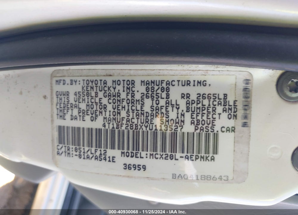 2000 TOYOTA AVALON XL VIN: 4T1BF28BXYU113527