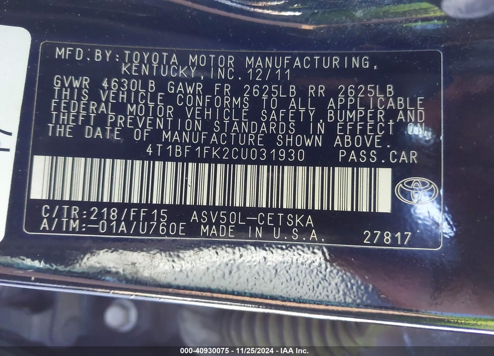 2012 TOYOTA CAMRY SE VIN: 4T1BF1FK2CU031930