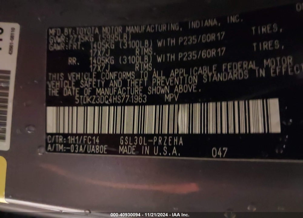 2017 TOYOTA SIENNA LE 8 PASSENGER VIN: 5TDKZ3DC4HS771963