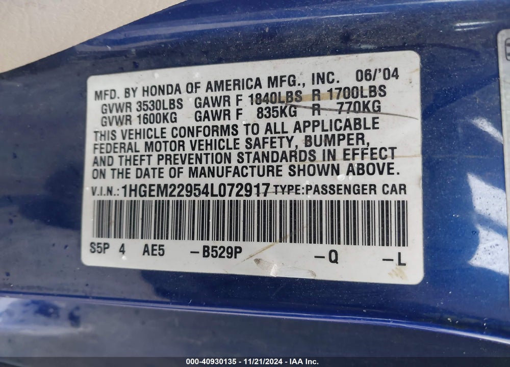 2004 HONDA CIVIC EX VIN: 1HGEM22954L072917