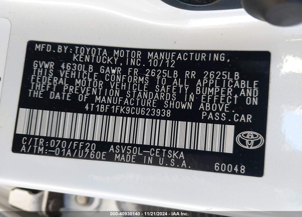 2012 TOYOTA CAMRY SE/SE LIMITED EDITION VIN: 4T1BF1FK9CU623938