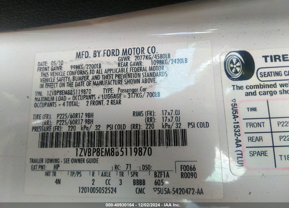 2011 FORD MUSTANG V6 PREMIUM VIN: 1ZVBP8EM8B5119870