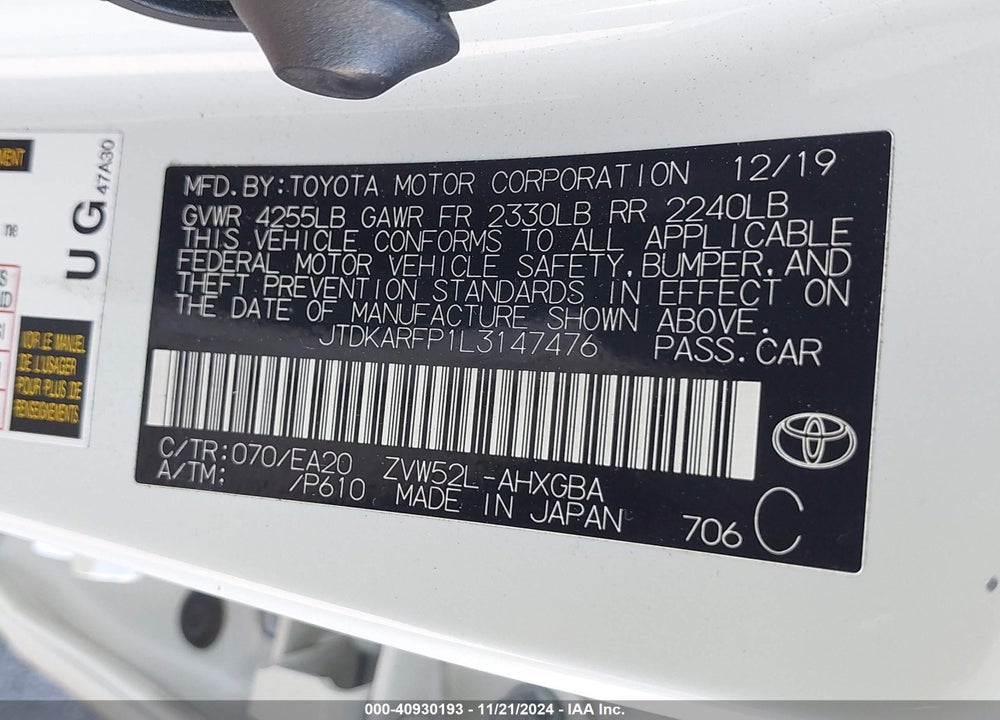 2020 TOYOTA PRIUS PRIME XLE VIN: JTDKARFP1L3147476