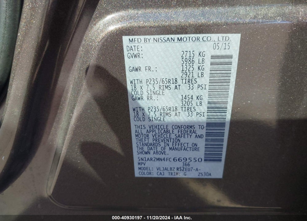 2015 NISSAN PATHFINDER S VIN: 5N1AR2MN4FC669550