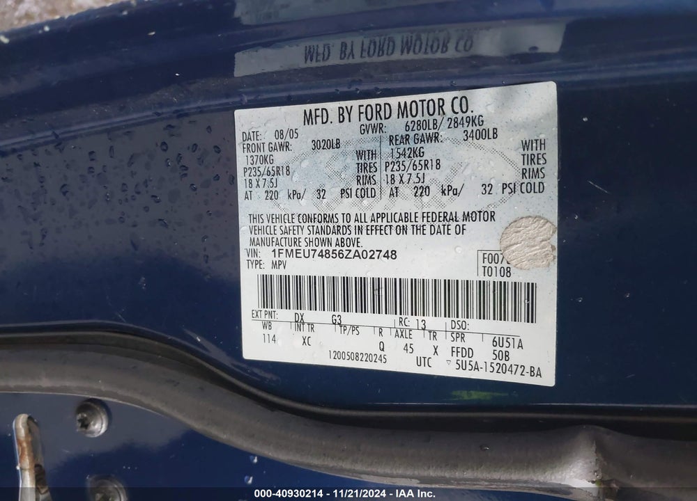 2006 FORD EXPLORER EDDIE BAUER VIN: 1FMEU74856ZA02748