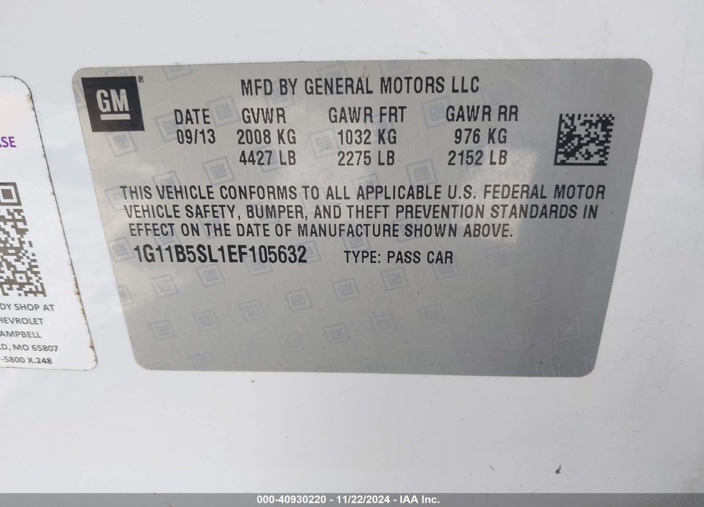 2014 CHEVROLET MALIBU 1LS VIN: 1G11B5SL1EF105632
