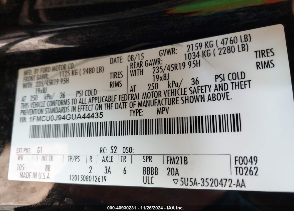 2016 FORD ESCAPE TITANIUM VIN: 1FMCU0J94GUA44435