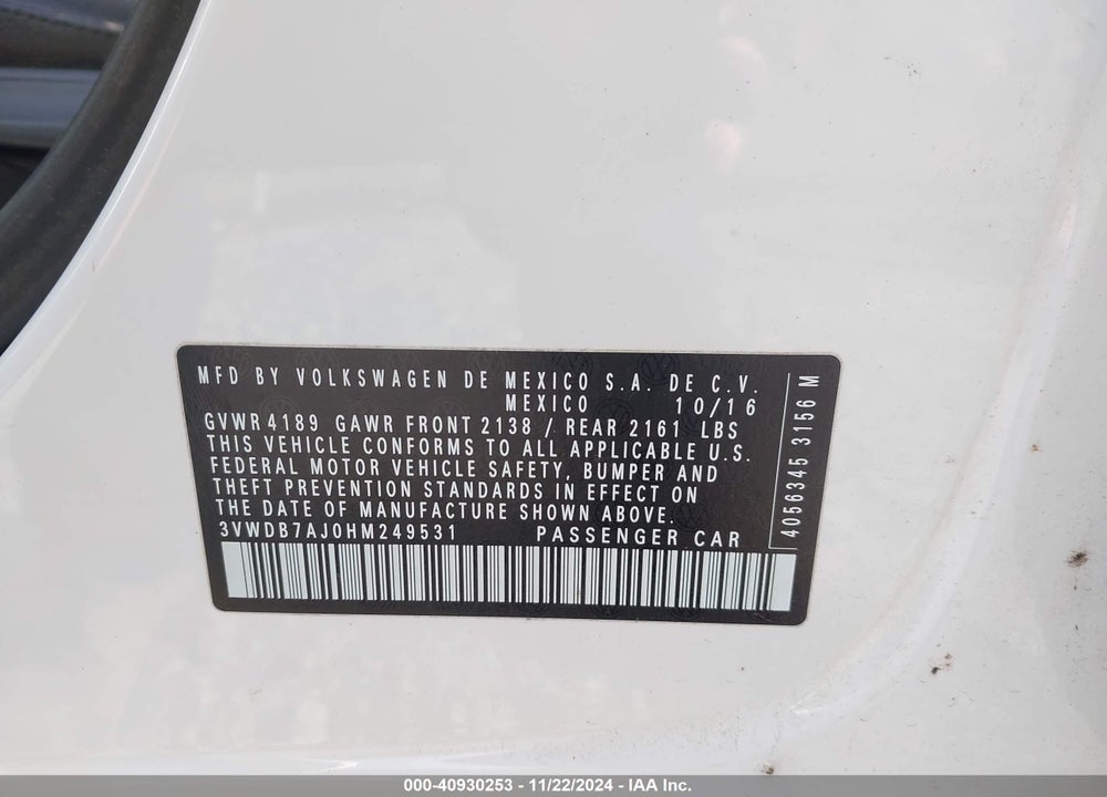 2017 VOLKSWAGEN JETTA VIN: 3VWDB7AJ0HM249531